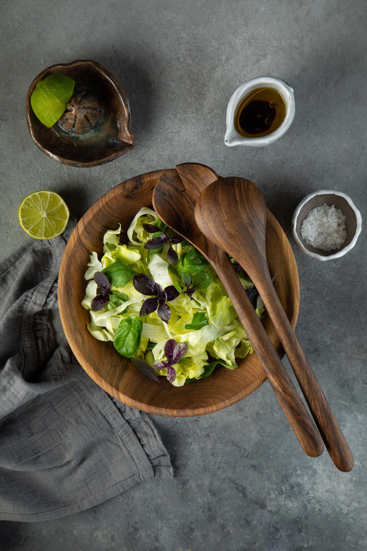 Ceviz Ağacı El Yapımı 2 Parça Salata Servis Seti, Tahta Kaşık ve Çatal, 30 cm.