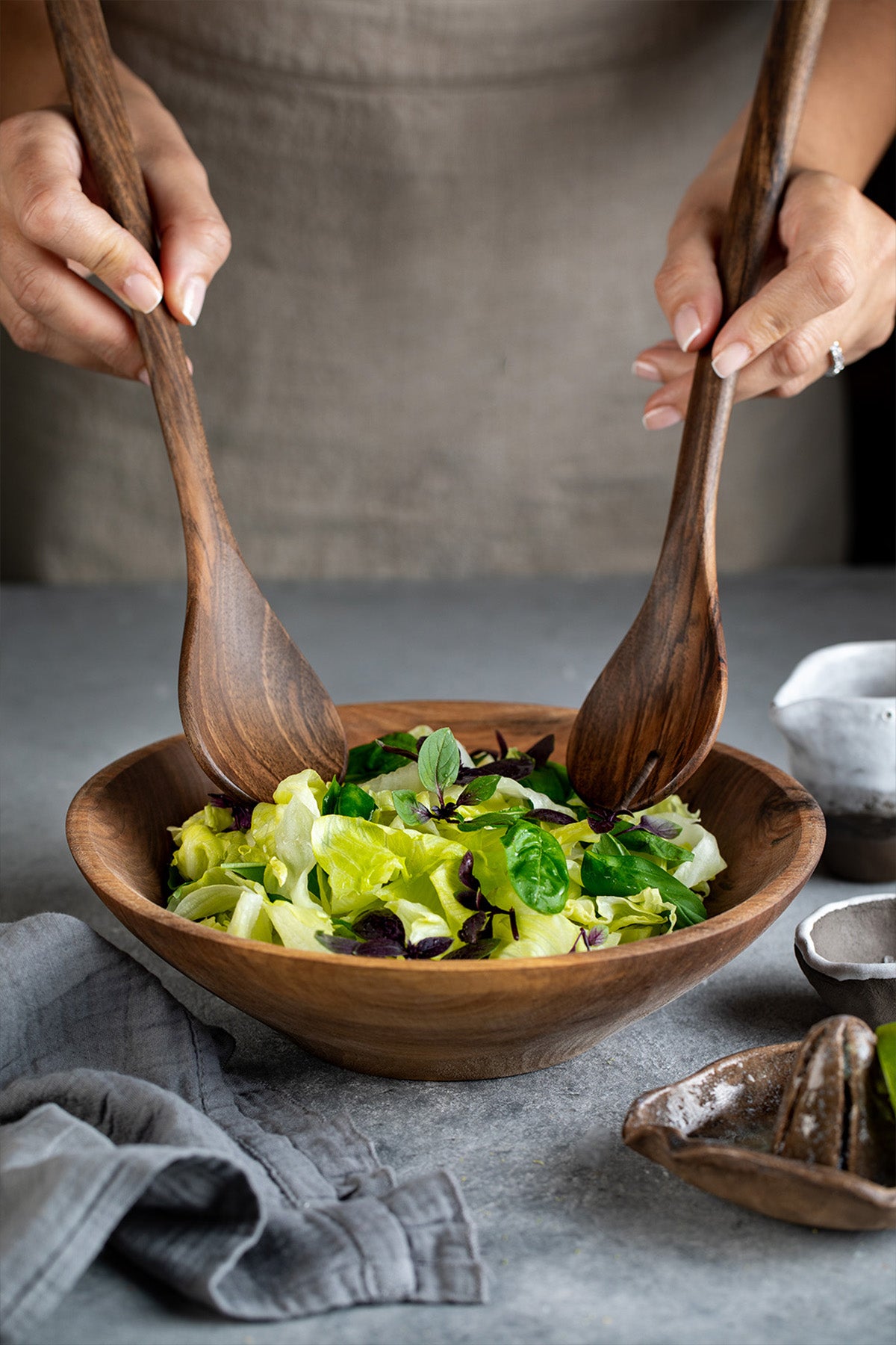 Ceviz Ağacı El Yapımı 2 Parça Salata Servis Seti, Tahta Kaşık ve Çatal, 30 cm.