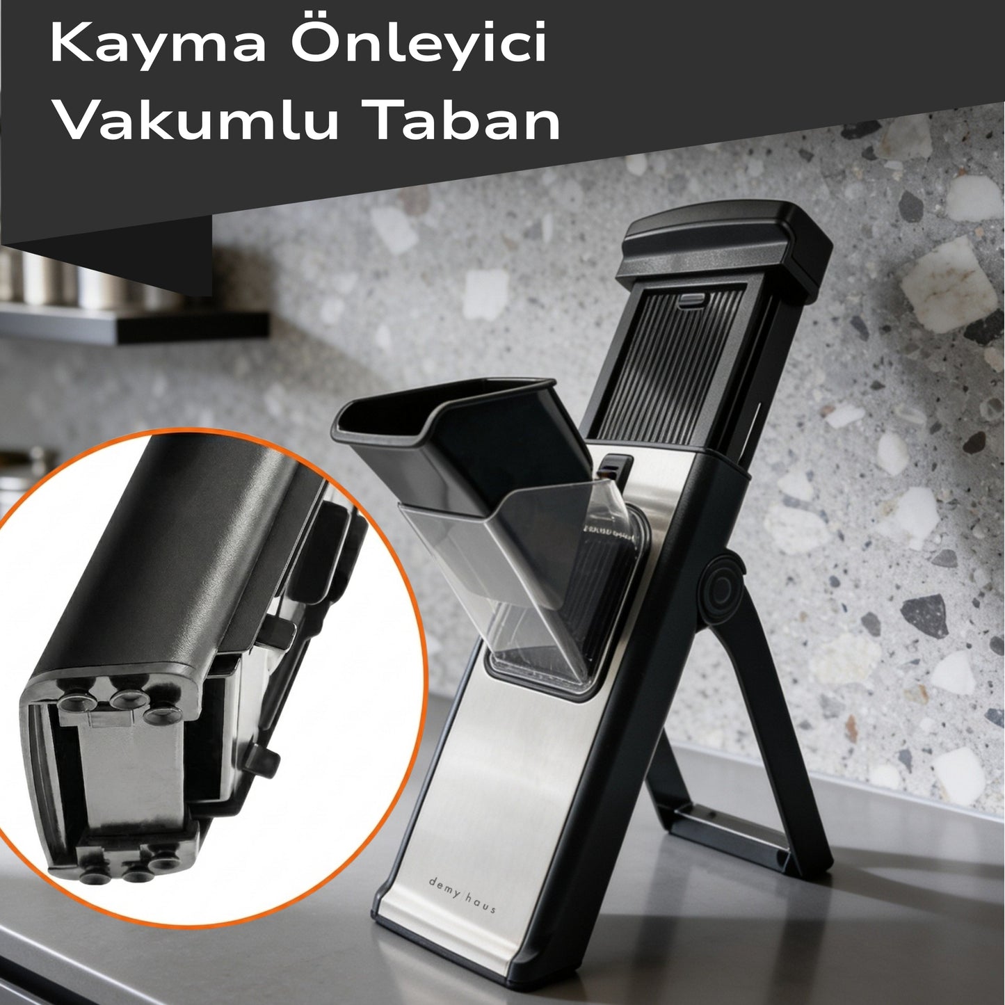 Mandolin Sebze Doğrayıcı – 4'ü 1 Arada Ayarlı Bıçak, Vakumlu Taban, Toplama Kabı Dahil