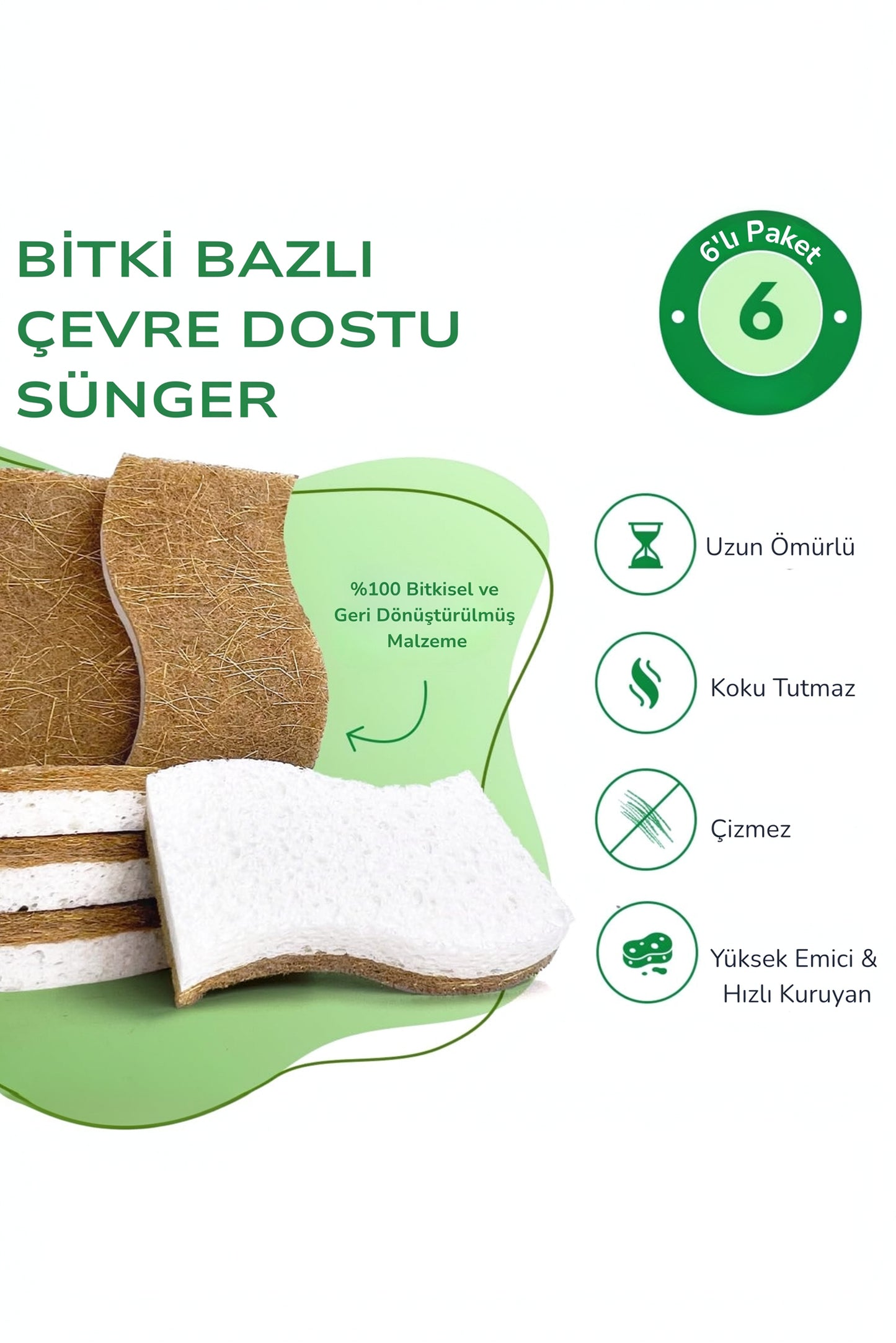 Demy Haus Bitki Bazlı Doğal Bulaşık Süngeri – Hindistan Cevizi Lifi & Selüloz (6’lı Paket)