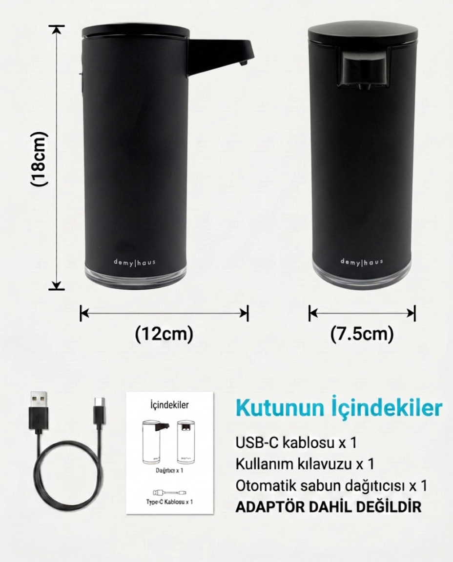 Demy Haus SensePro Sensörlü Şarj Edilebilir Sıvı Sabunluk Paslanmaz Çelik Siyah