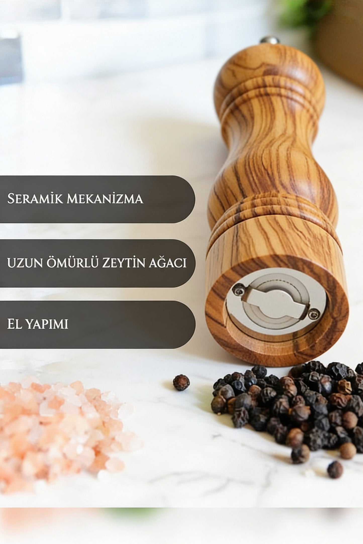 Demy Craft Olea Zeytin Ağacı Tuz ve Karabiber Öğütücü Seramik Mekanizmalı