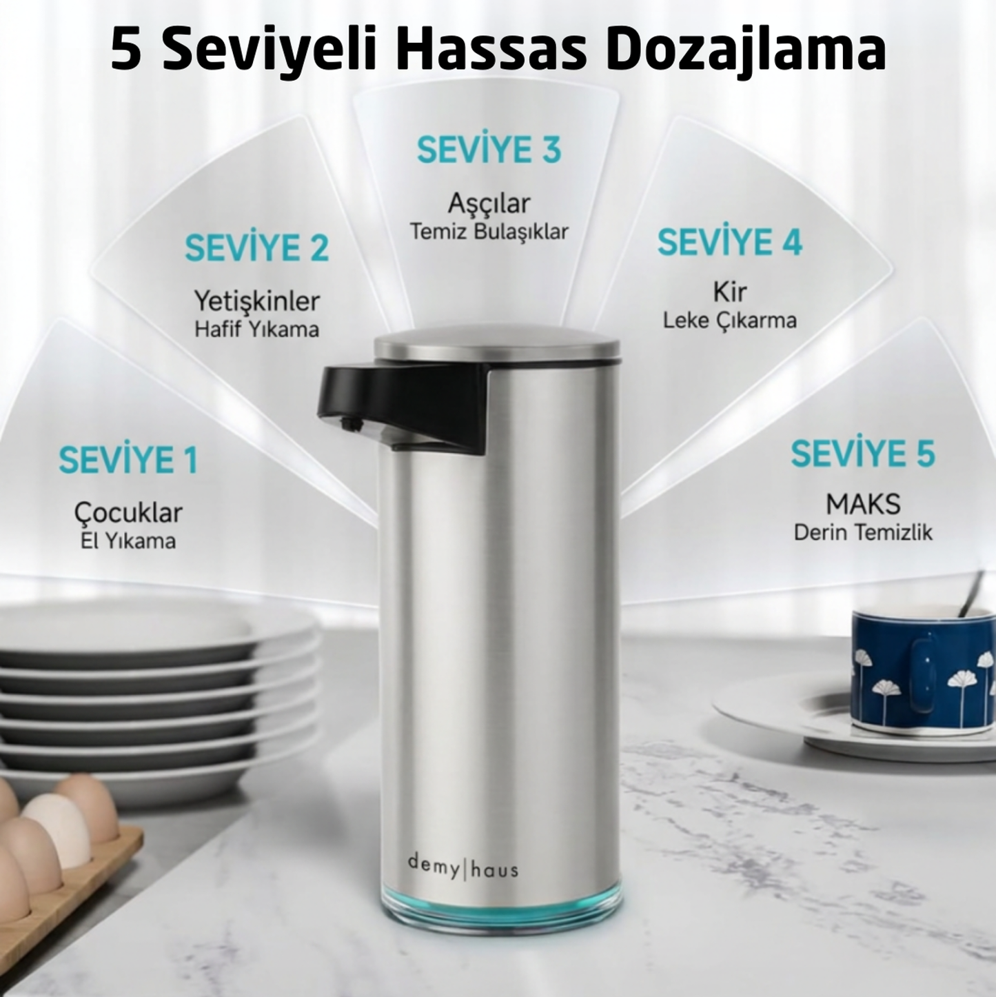 Demy Haus SensePro Sensörlü Şarj Edilebilir Sıvı Sabunluk Paslanmaz Çelik Gri