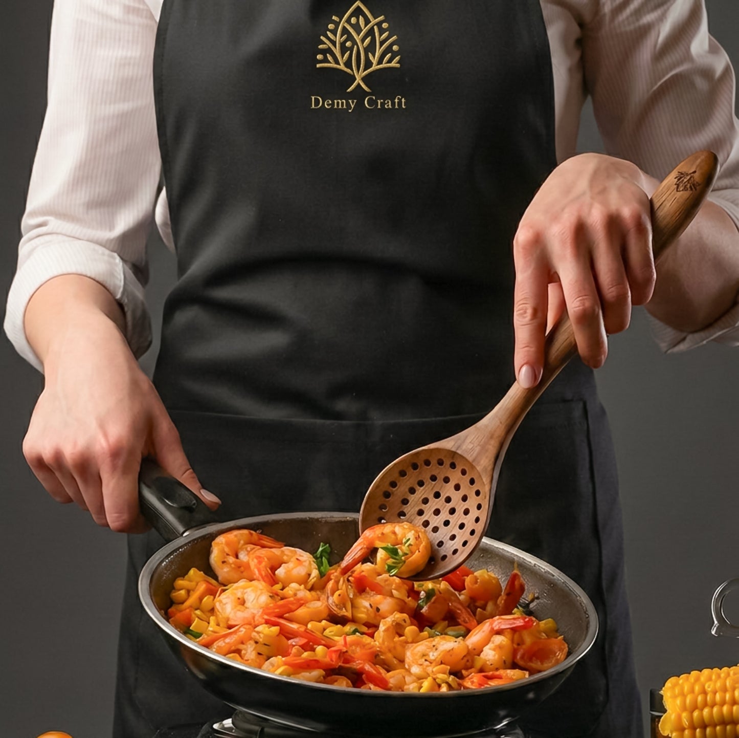 Demy Craft Curve 8 Parça Akasya Döner Standlı Kaşıklık, Doğal Ahşap Spatula & Kepçe Mutfak Seti